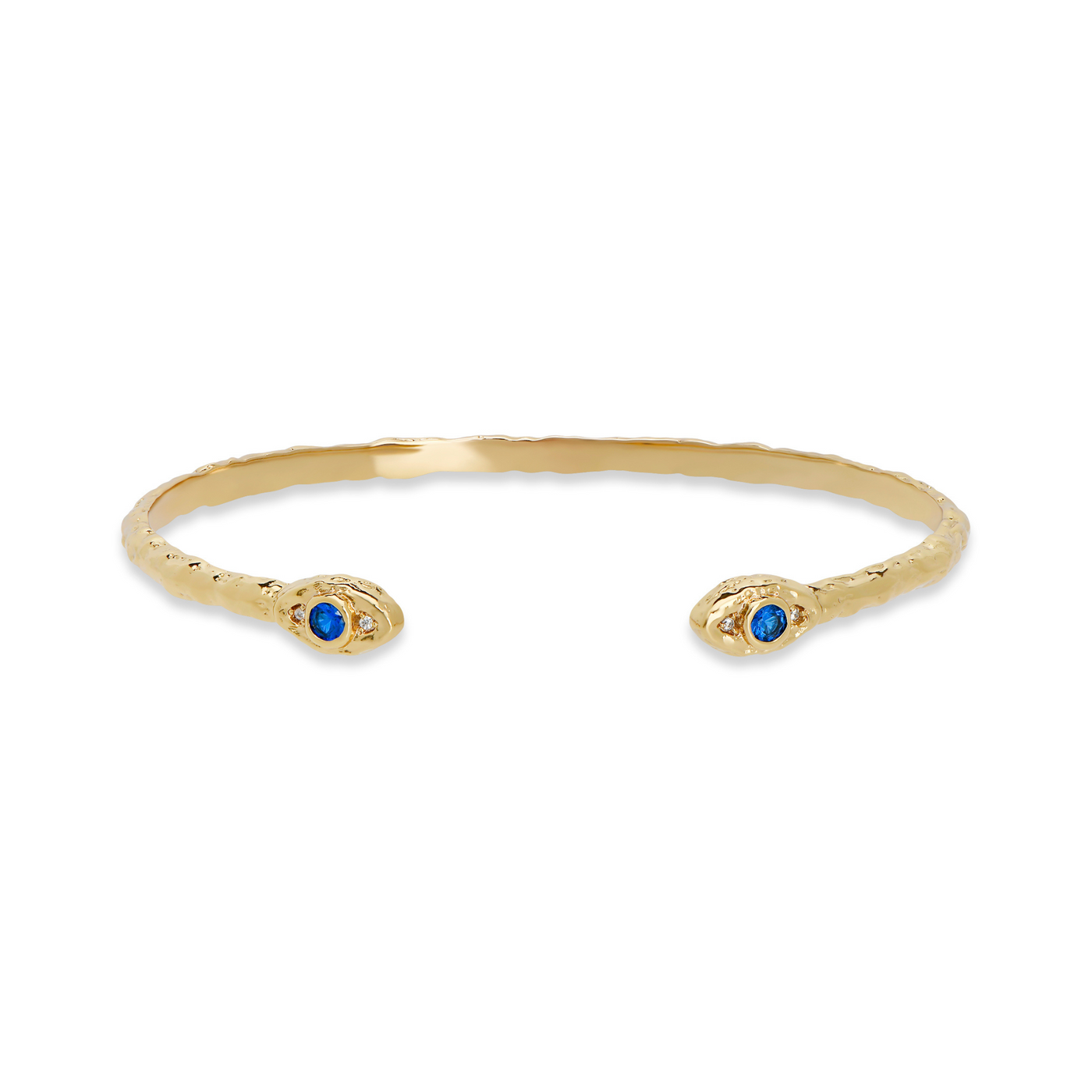 Evil eye gold cuff bangle bracelet with organic hammered molten texture, Rani & Co. women's jewellery